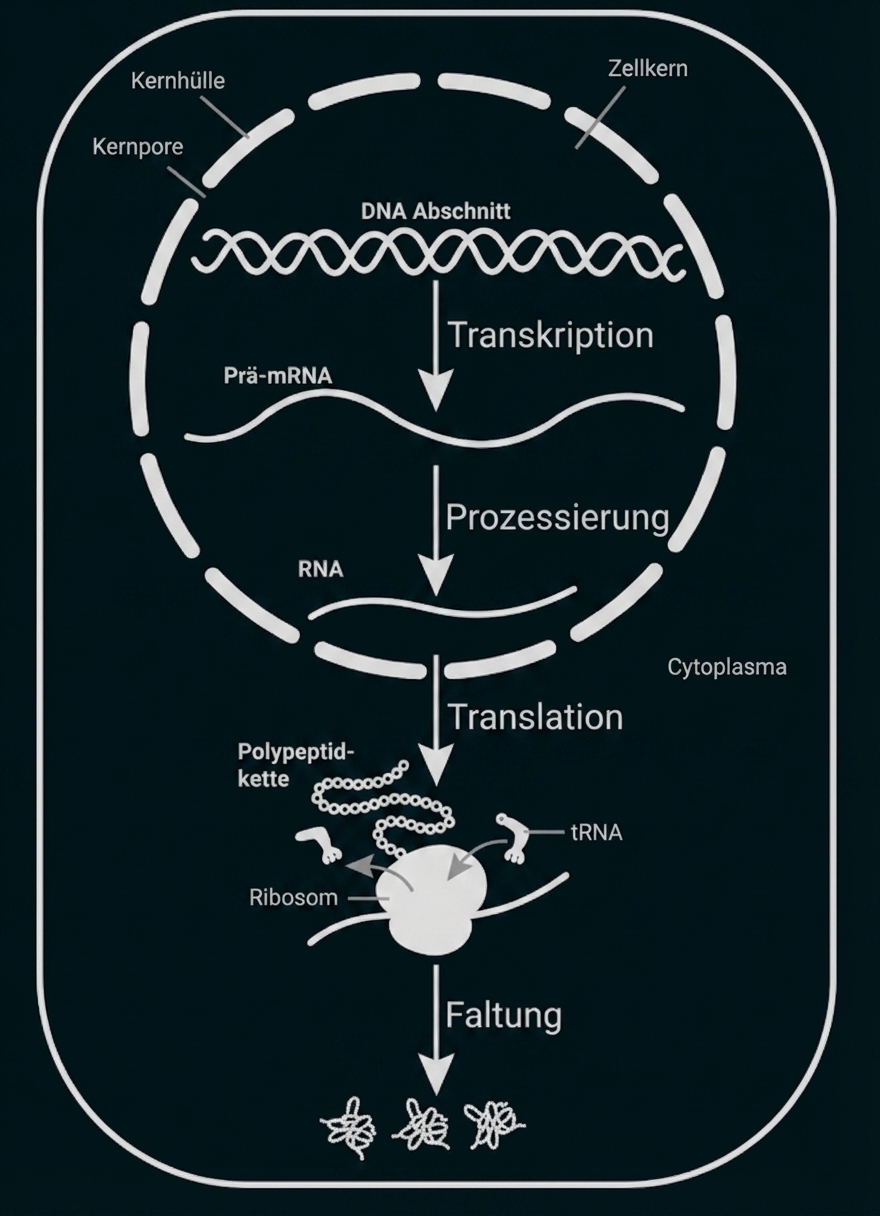 Genexpression: Transkription → Prozessierung → Translation → Proteinfaltung in einer Zelle